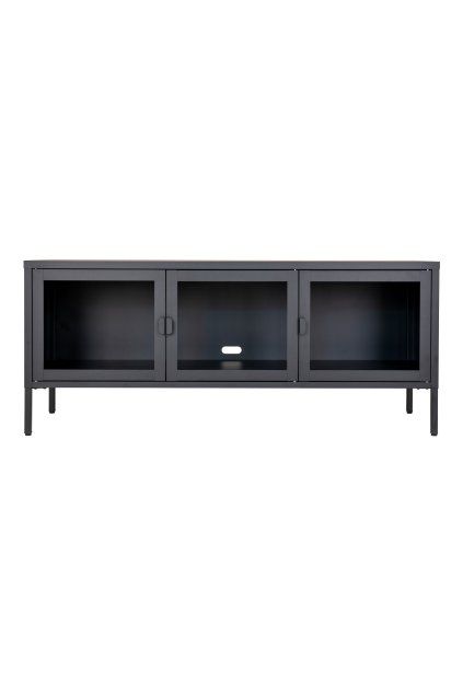 Brisbane TV lavica - TV lavica, 3 sklenené dvierka, oceľ, čierna 130x40x55 cm