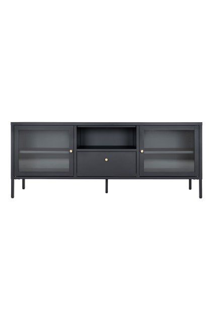 Dalby TV lavica - TV lavica, 2 sklenené dvierka, 1 zásuvka, oceľ, čierna 150x35x60 cm