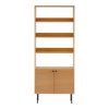Kyoto Book Shelf - Regál na knihy, 2 dvierka, 4 police, dubová dyha, prírodná farba, čierne kovové nohy 80x30x200 cm